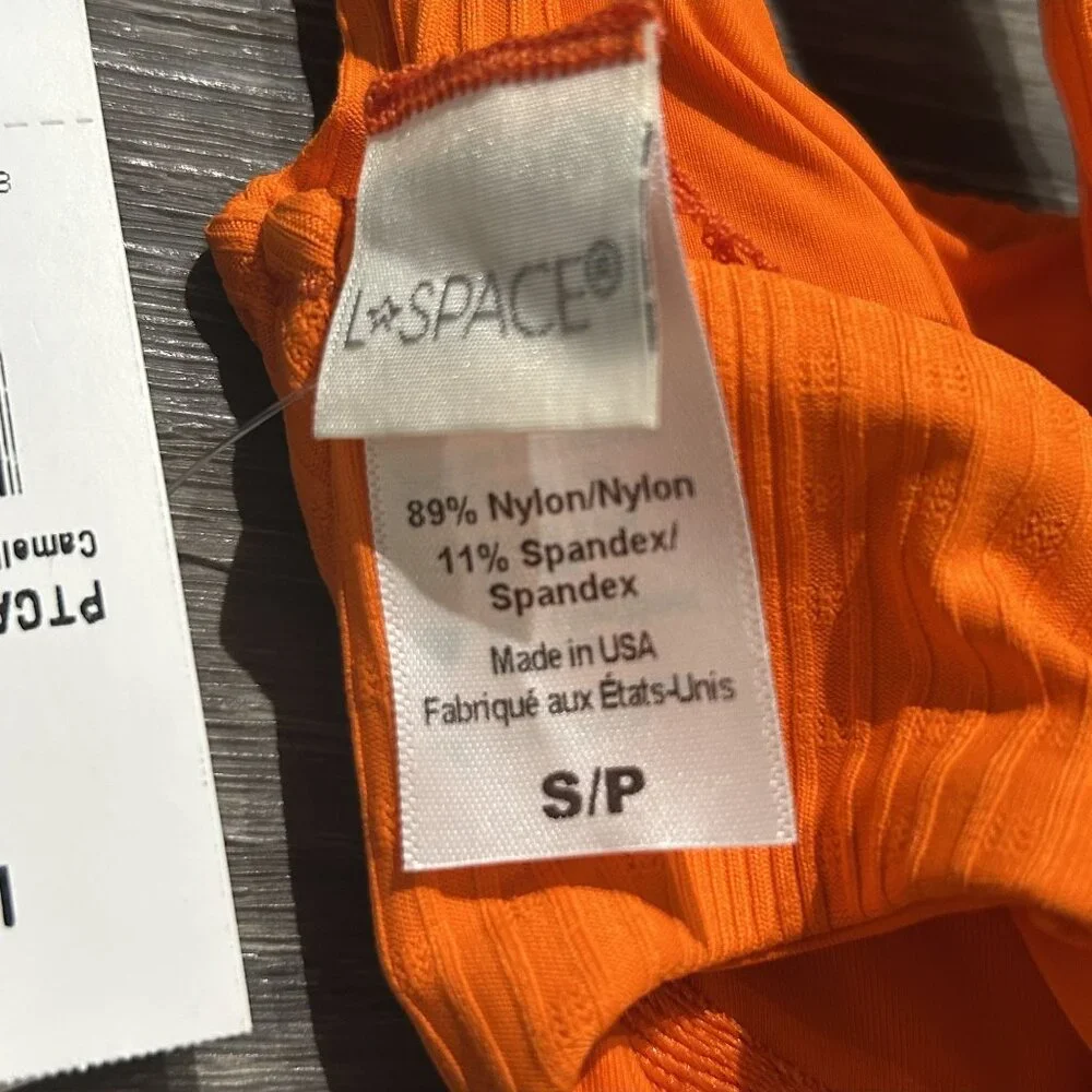 NWT L*Space Small Camellia Top Orange Poppy Tie Back Demi Cup Ribbed Swim